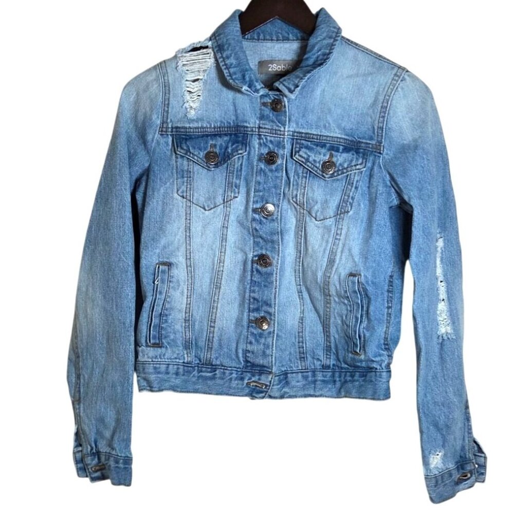 2Sable April Jeans Blue Distressed Classic Denim Trucker Jean Jacket Size Small